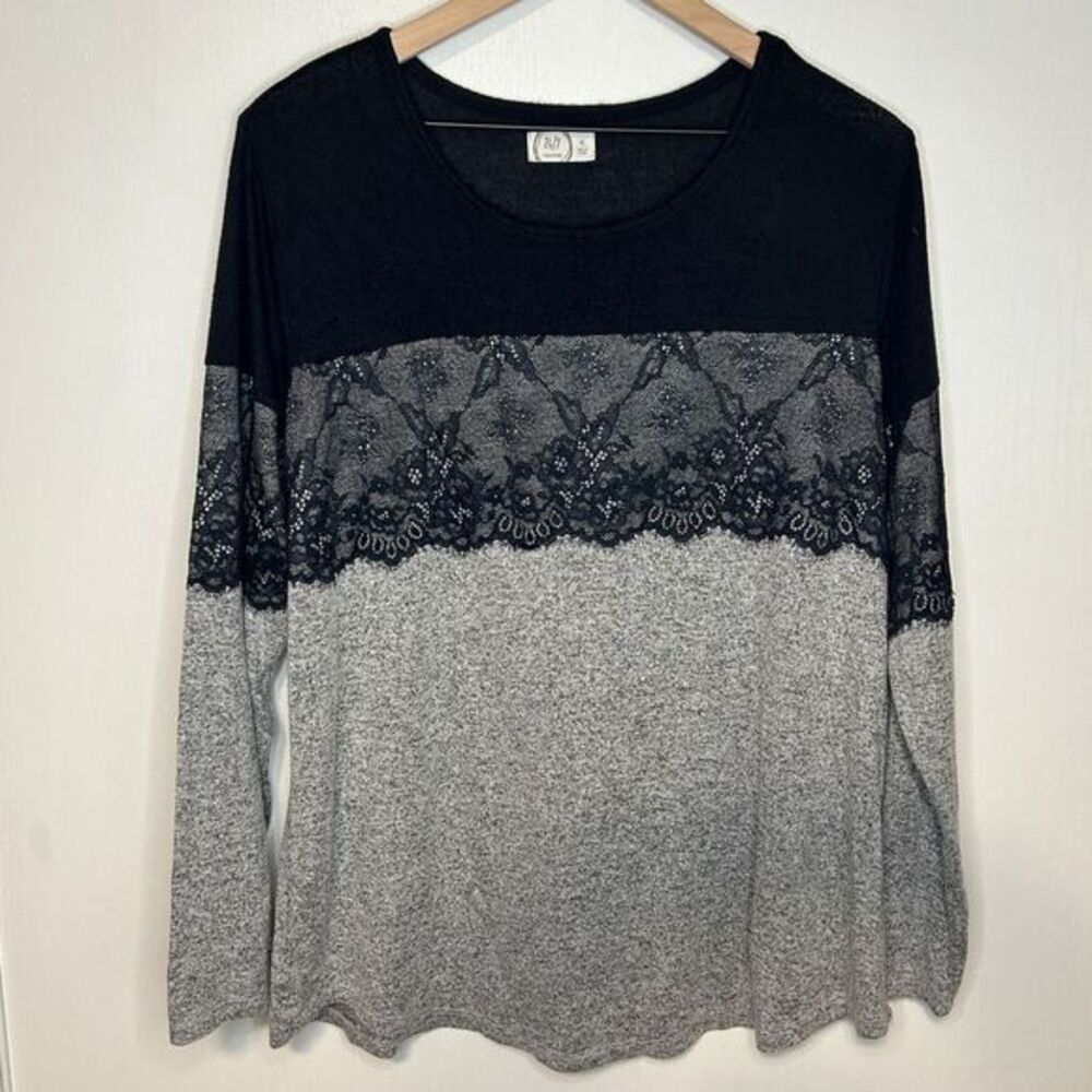 24/7 Elegant Lace Panel Long Sleeve Top Black Gray Colorblock XL | A28